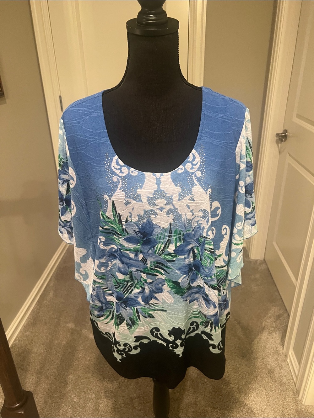 JM Collection Blue Floral Scoop-Neck Tunic Top with Green Accents